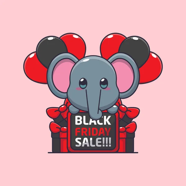 Söt Elefant Glad Svart Fredag Försäljning Tecknad Vektor Illustration — Stock vektor