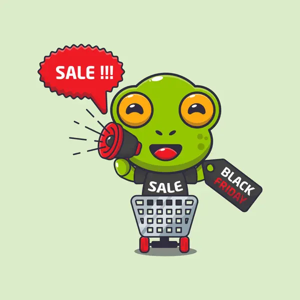 Cute Frog Shopping Cart Promoting Black Friday Sale Megaphone Cartoon — Stock Vector