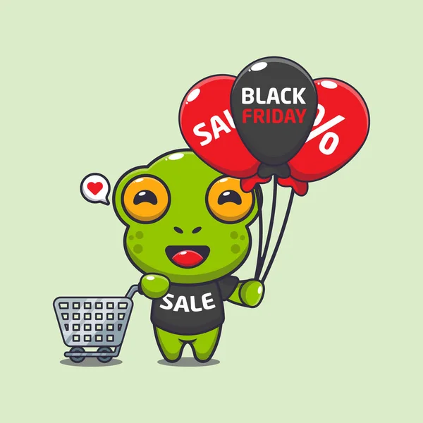 Cute Frog Shopping Cart Balloon Black Friday Sale Cartoon Vector — Stock Vector