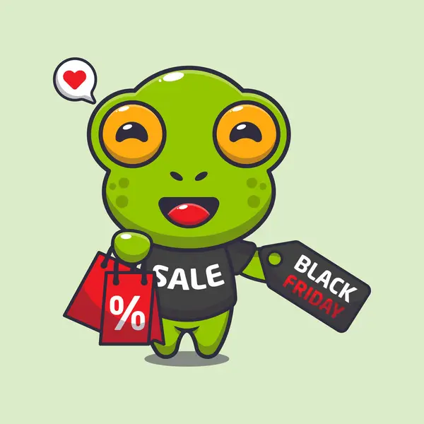 Cute Frog Shopping Bag Black Friday Sale Discount Cartoon Vector — Stock Vector