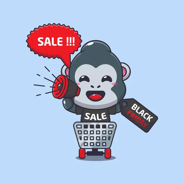 Cute Gorilla Shopping Cart Promoting Black Friday Sale Megaphone Cartoon — Stock Vector