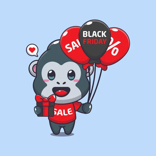 Niedlicher Gorilla Mit Geschenken Und Luftballons Schwarzem Freitag Verkauf Cartoon — Stockvektor