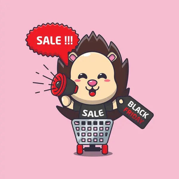 Cute Hedgehog Shopping Cart Promoting Black Friday Sale Megaphone Cartoon — Stock Vector
