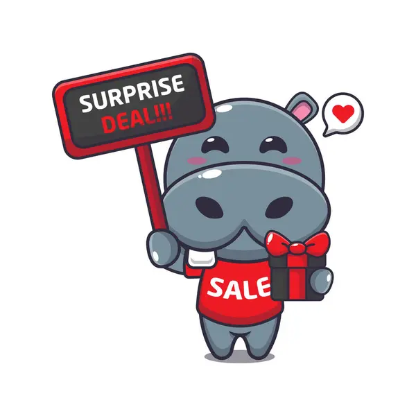 Cute Hippo Promotion Sign Gift Box Black Friday Sale Cartoon — Stock Vector