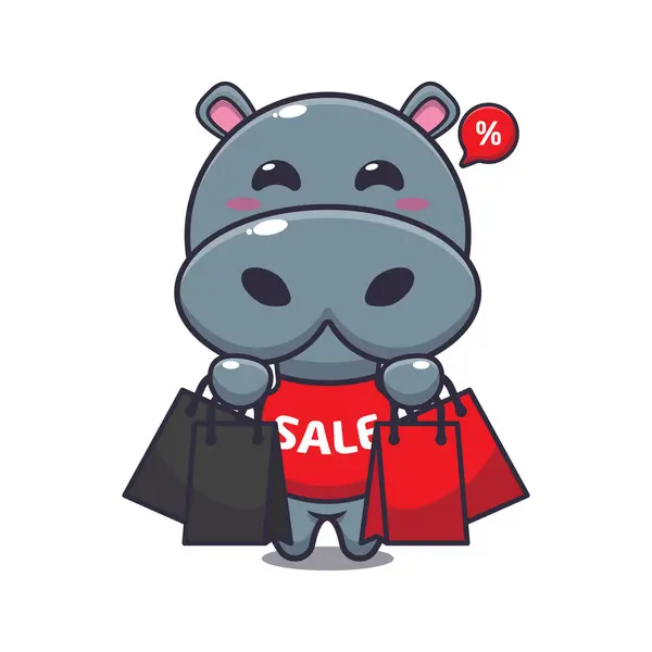 Bonito Hipopótamo Com Saco Compras Preto Sexta Feira Venda Cartoon — Vetor de Stock