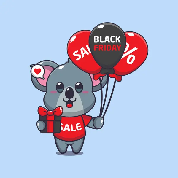 Cute Koala Gifts Balloons Black Friday Sale Cartoon Vector Illustration — Stock Vector