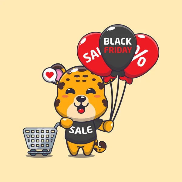 Cute Leopard Shopping Cart Balloon Black Friday Sale Cartoon Vector — Stock Vector