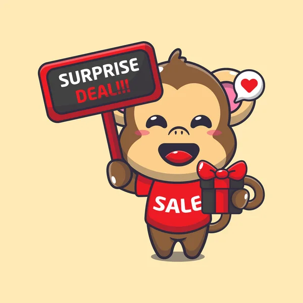 Cute Monkey Promotion Sign Gift Box Black Friday Sale Cartoon — Stock Vector