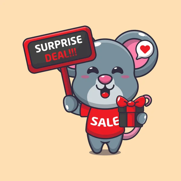Cute Mouse Promotion Sign Gift Box Black Friday Sale Cartoon — Stock Vector