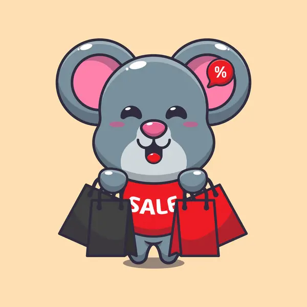 Carino Mouse Con Shopping Bag Nero Venerdì Vendita Fumetto Vettoriale — Vettoriale Stock