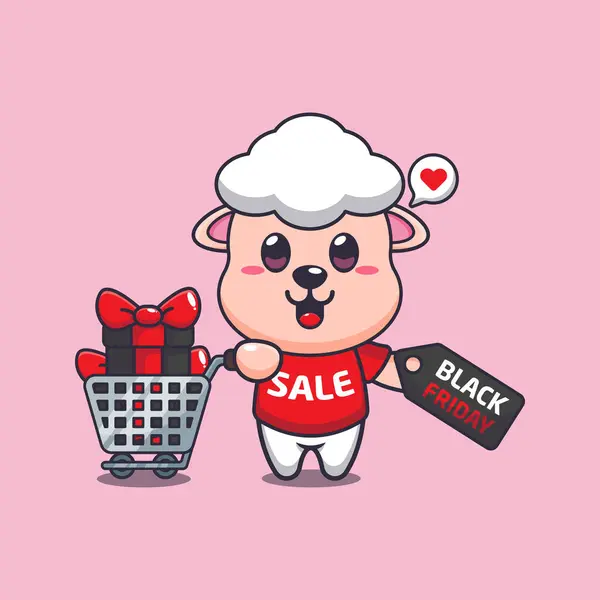 Cute Sheep Shopping Cart Discount Coupon Black Friday Sale Cartoon — Stock Vector