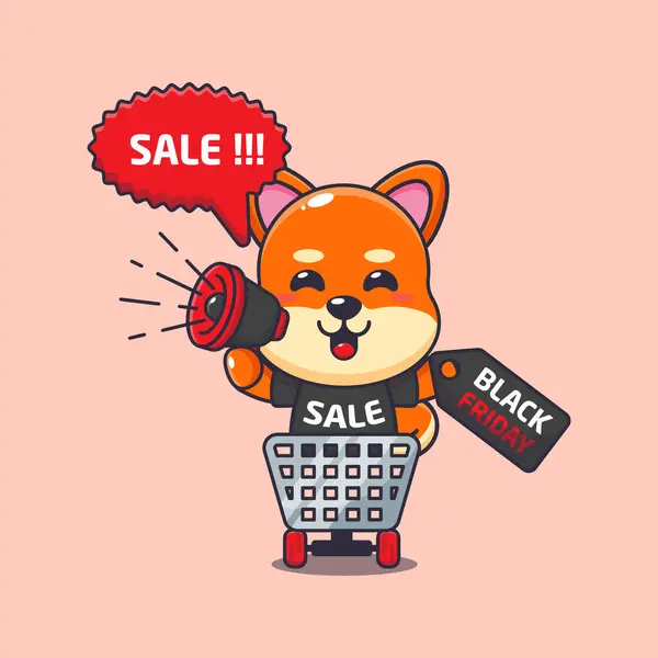 Cute Shiba Inu Shopping Cart Promoting Black Friday Sale Megaphone — Stock Vector