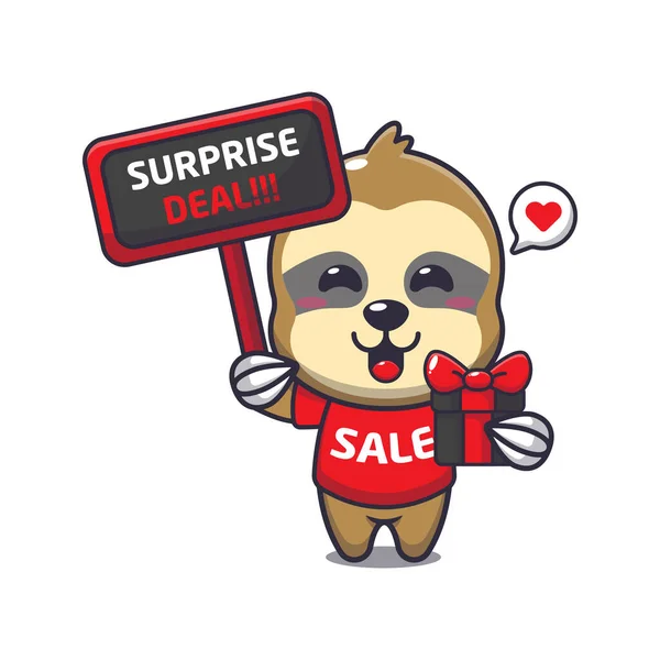 Cute Sloth Promotion Sign Gift Box Black Friday Sale Cartoon — Stock Vector
