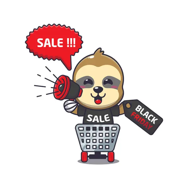 Cute Sloth Shopping Cart Promoting Black Friday Sale Megaphone Cartoon — Stock Vector