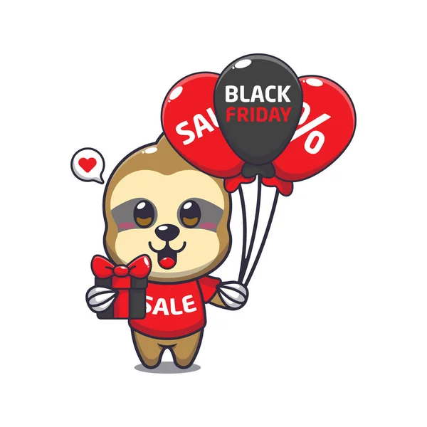 Cute Sloth Gifts Balloons Black Friday Sale Cartoon Vector Illustration — Stock Vector