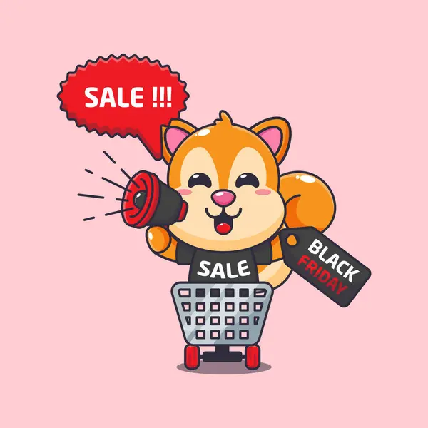 Cute Squirrel Shopping Cart Promoting Black Friday Sale Megaphone Cartoon — Stock Vector