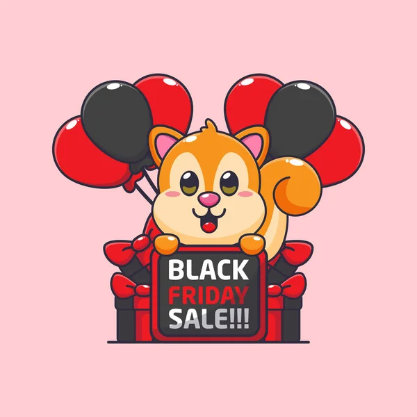 Cute Squirrel Happy Black Friday Sale Cartoon Vector Illustration — Stock Vector