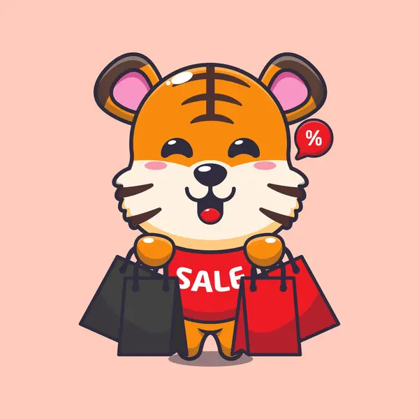 Cute Tiger Shopping Bag Black Friday Sale Cartoon Vector Illustration — Stock Vector