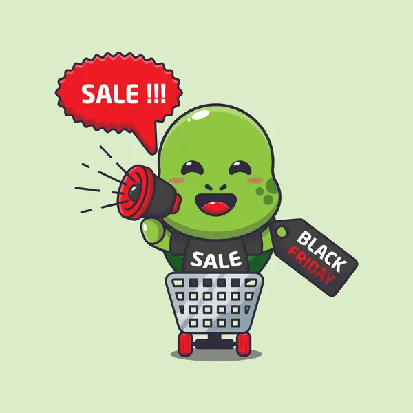 Cute Turtle Shopping Cart Promoting Black Friday Sale Megaphone Cartoon — Stock Vector