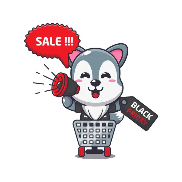 Cute Wolf Shopping Cart Promoting Black Friday Sale Megaphone Cartoon — Stock Vector