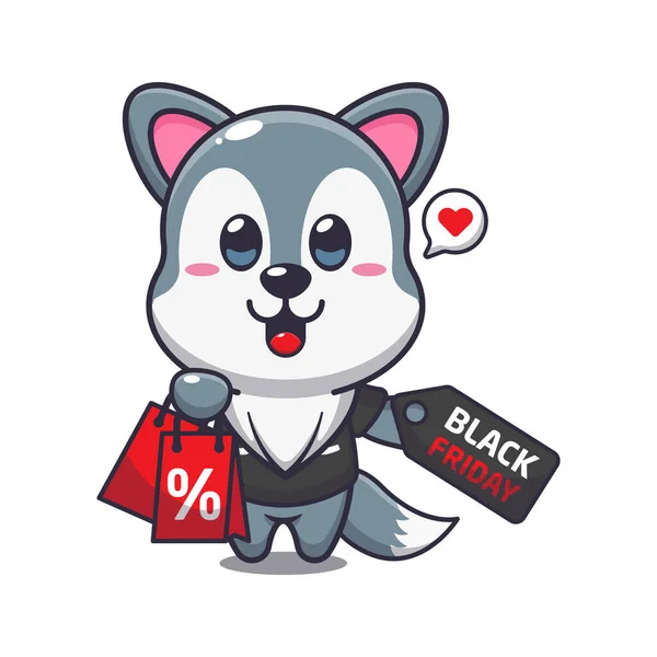 Cute Wolf Shopping Bag Black Friday Sale Discount Cartoon Vector — Stock Vector