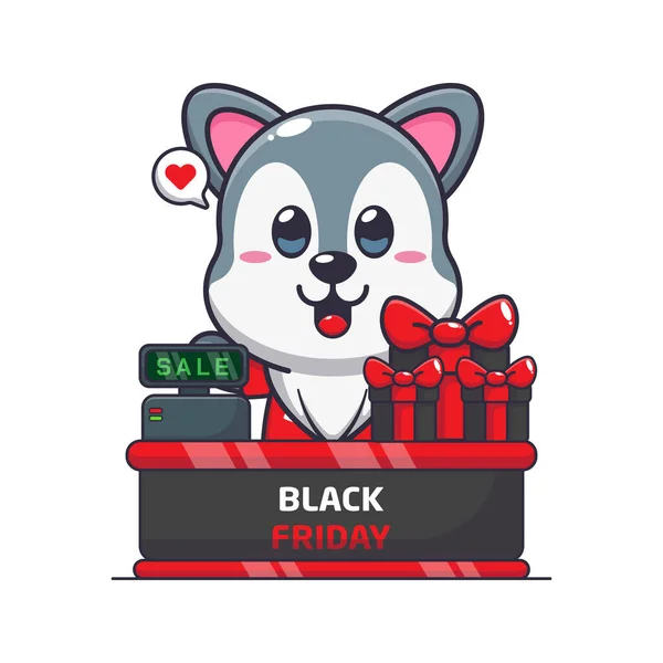 Cute Wolf Cashier Table Black Friday Sale Cartoon Vector Illustration — Stock Vector