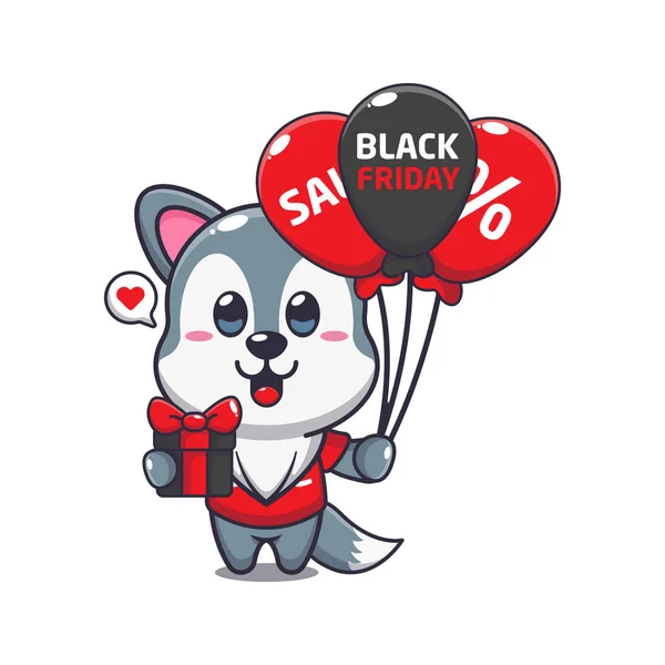Cute Wolf Gifts Balloons Black Friday Sale Cartoon Vector Illustration — Stock Vector