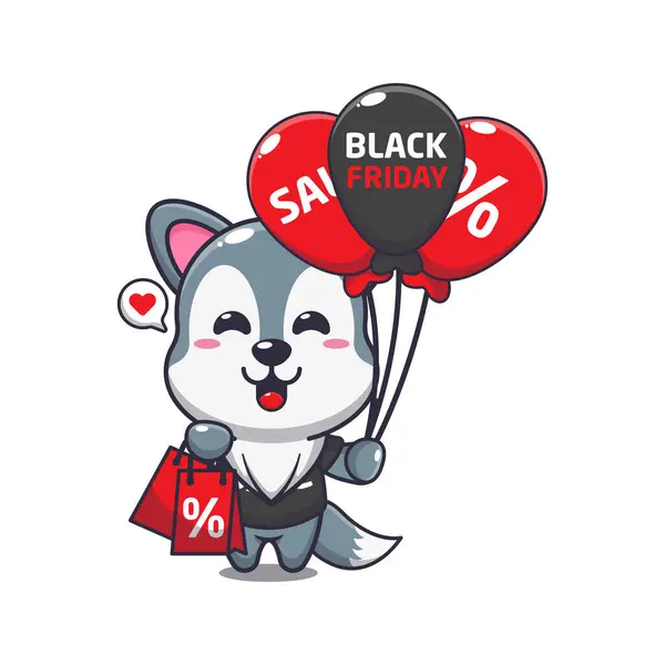 Cute Wolf Shopping Bag Balloon Black Friday Sale Cartoon Vector — Stock Vector