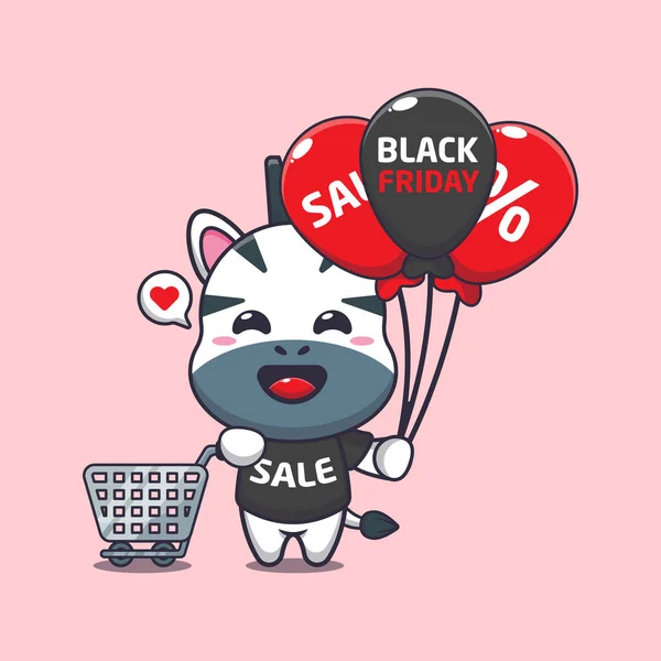 黑色星期五销售卡通人物图片中可爱的斑马 配有购物车和气球 — 图库矢量图片