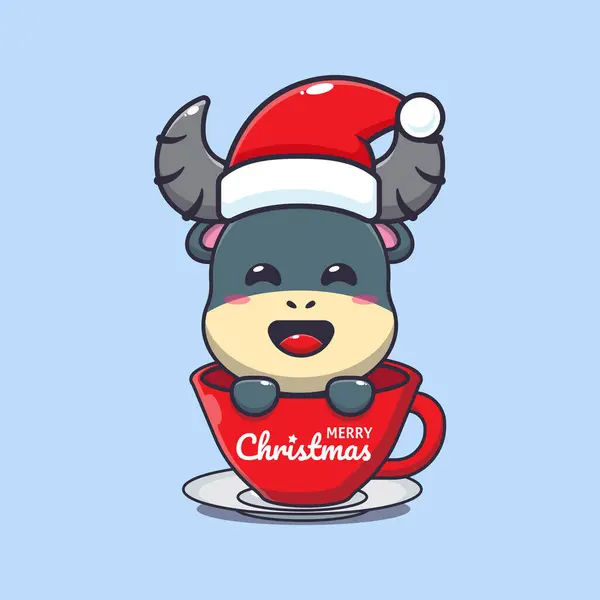 カップにサンタの帽子をかぶっているかわいいバッファロー かわいいクリスマス漫画キャラクターイラスト — ストックベクタ