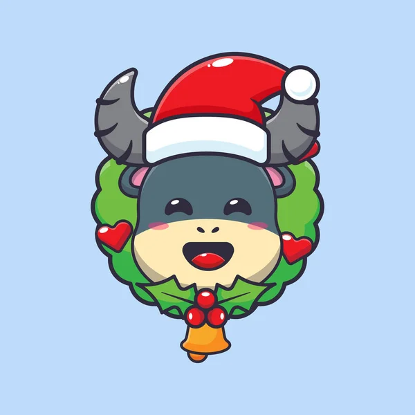 クリスマスの日にかわいいバッファロー かわいいクリスマス漫画キャラクターイラスト — ストックベクタ