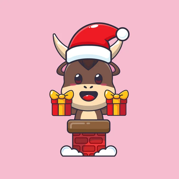 煙突のサンタの帽子が付いているかわいい雄牛 かわいいクリスマス漫画キャラクターイラスト — ストックベクタ