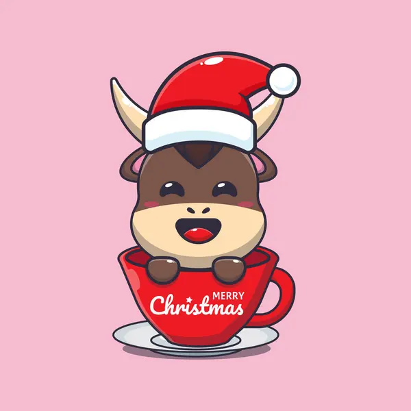 カップにサンタの帽子をかぶっているかわいい雄牛 かわいいクリスマス漫画キャラクターイラスト — ストックベクタ