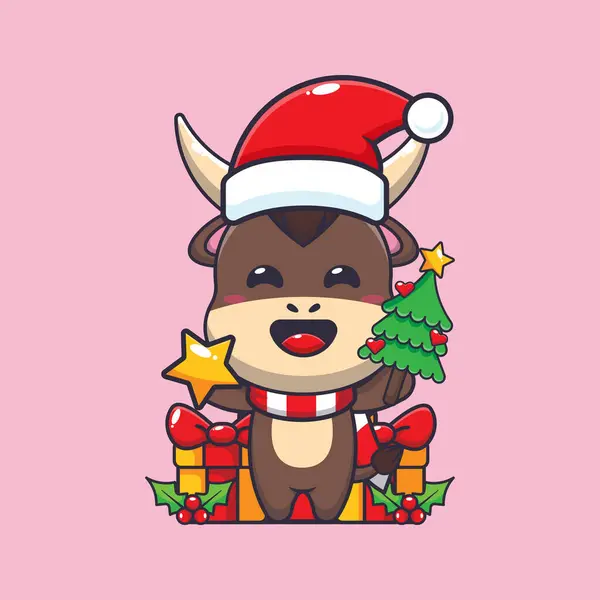 Cute Bull Holding Star Christmas Tree Cute Christmas Cartoon Character — Stock Vector