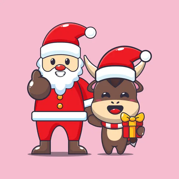 Roztomilý Býk Santa Clausem Roztomilé Vánoční Kreslené Postavičky Ilustrace — Stockový vektor