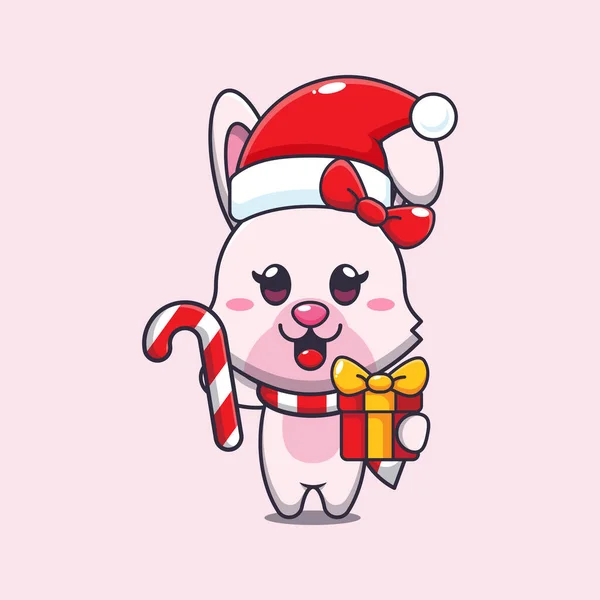 Cute Bunny Holding Christmas Candy Gift Cute Christmas Cartoon Character — Stock Vector