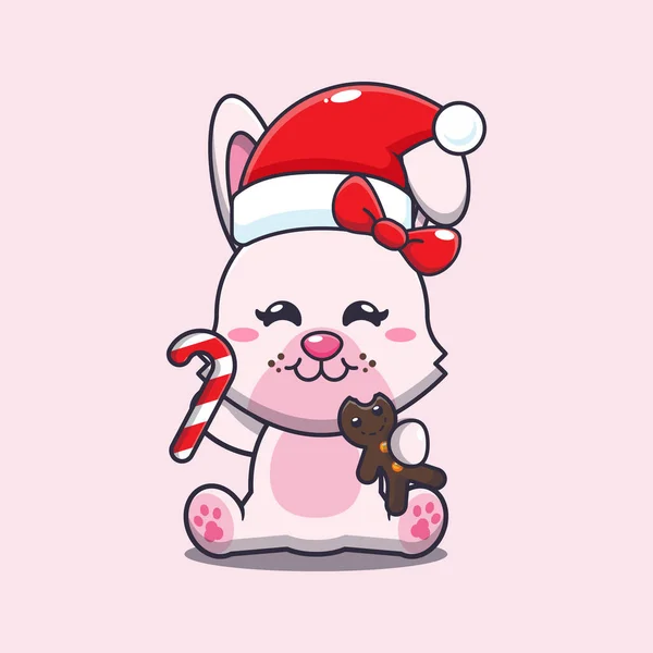 かわいいバニーはクリスマスクッキーとキャンディーを食べます かわいいクリスマス漫画キャラクターイラスト — ストックベクタ