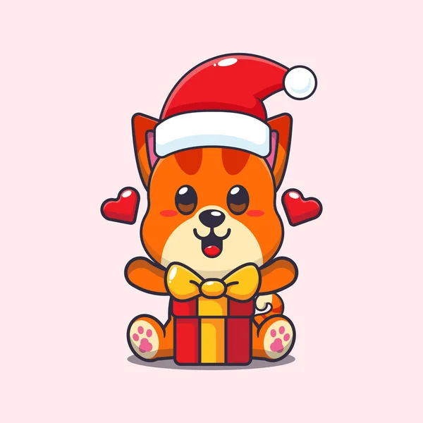 Gatto Carino Con Regalo Natale Carino Natale Cartone Animato Personaggio — Vettoriale Stock