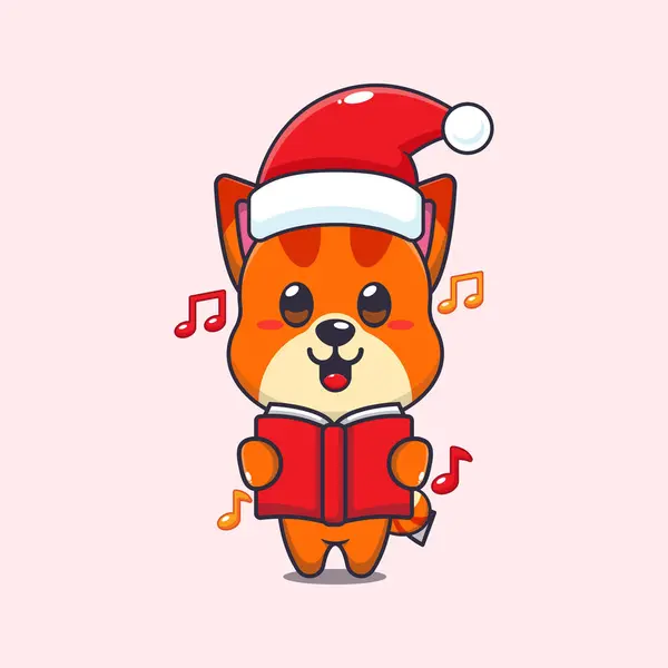 Leuke Kat Zingt Een Kerstliedje Leuke Kerst Cartoon Karakter Illustratie — Stockvector