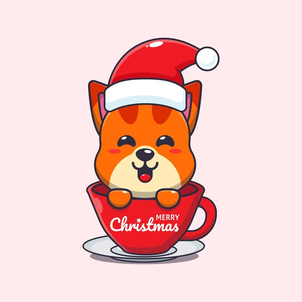カップにサンタの帽子をかぶっているかわいい猫 かわいいクリスマス漫画キャラクターイラスト — ストックベクタ