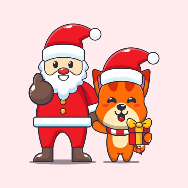 Bel Gatto Con Babbo Natale Carino Natale Cartone Animato Personaggio — Vettoriale Stock
