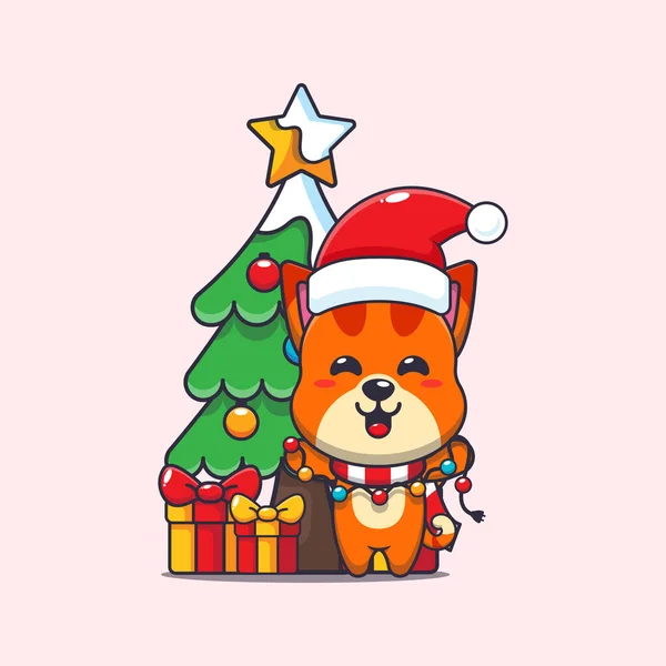 Roztomilá Kočka Vánoční Lampou Roztomilé Vánoční Kreslené Postavičky Ilustrace — Stockový vektor