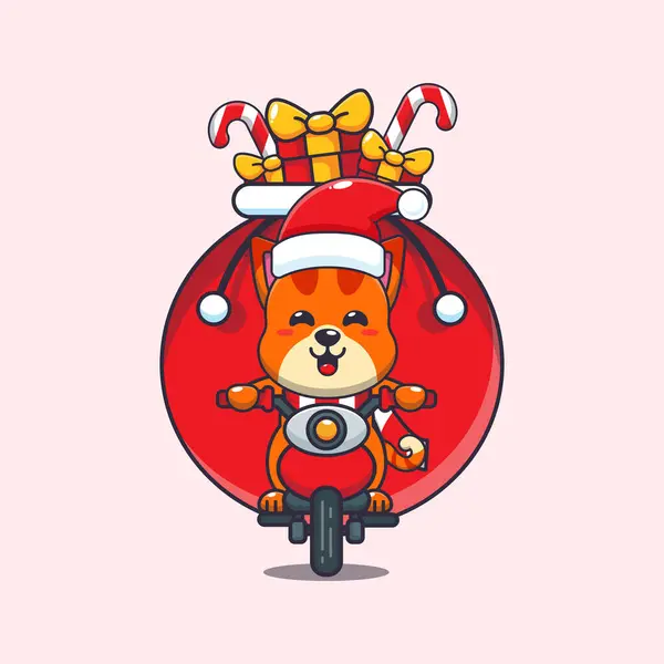 Motosikletli şirin bir kedi Noel hediyesi taşıyor. Sevimli noel çizgi film karakteri çizimi. 