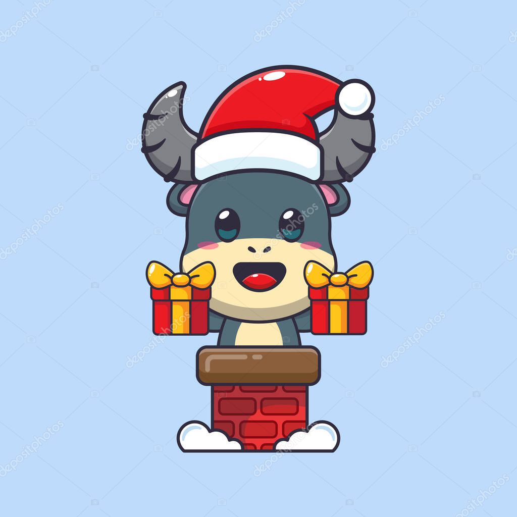 Cute buffalo with santa hat in the chimney. Cute christmas cartoon character illustration.