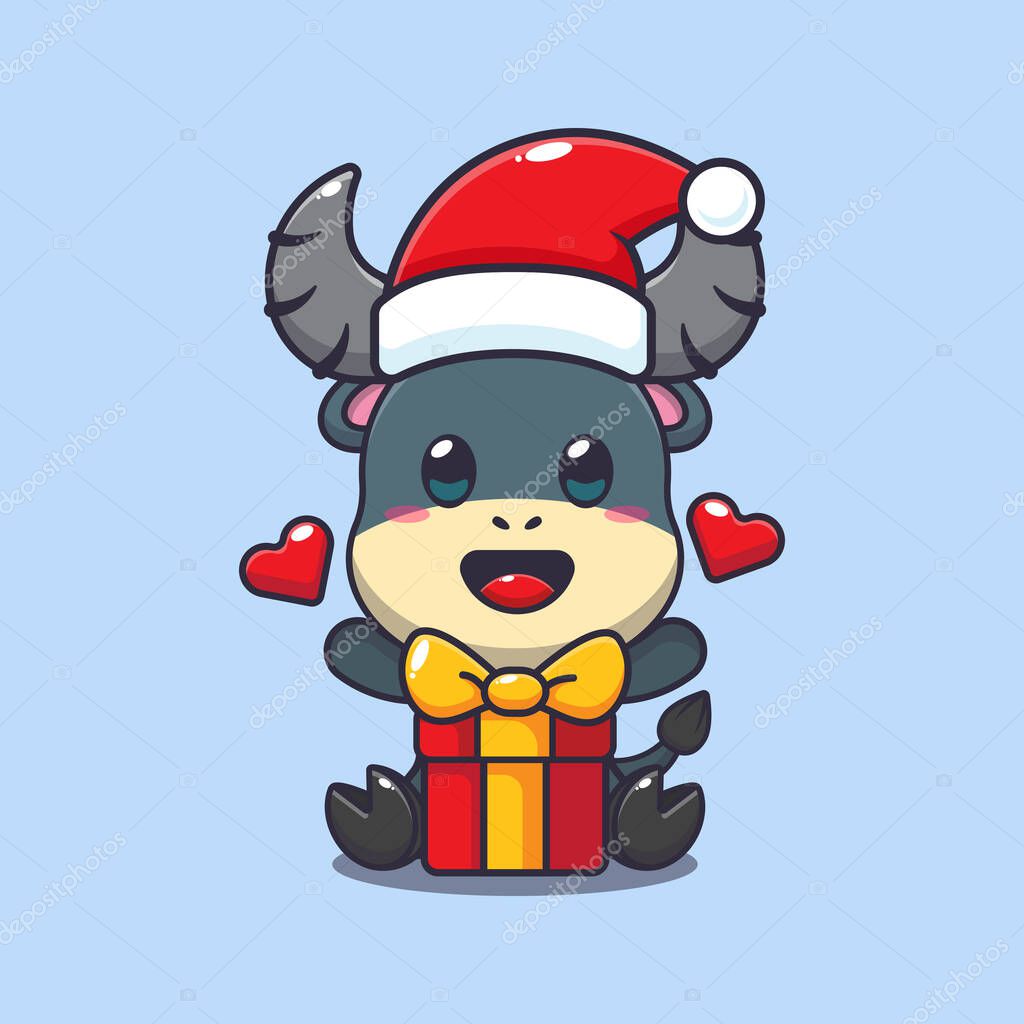 Cute buffalo with christmas gift. Cute christmas cartoon character illustration.