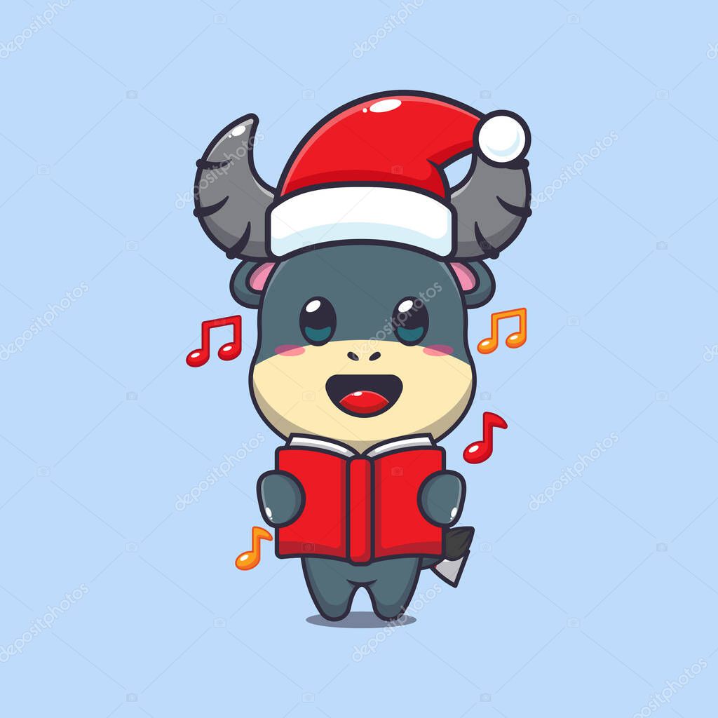 Cute buffalo sing a christmas song. Cute christmas cartoon character illustration.