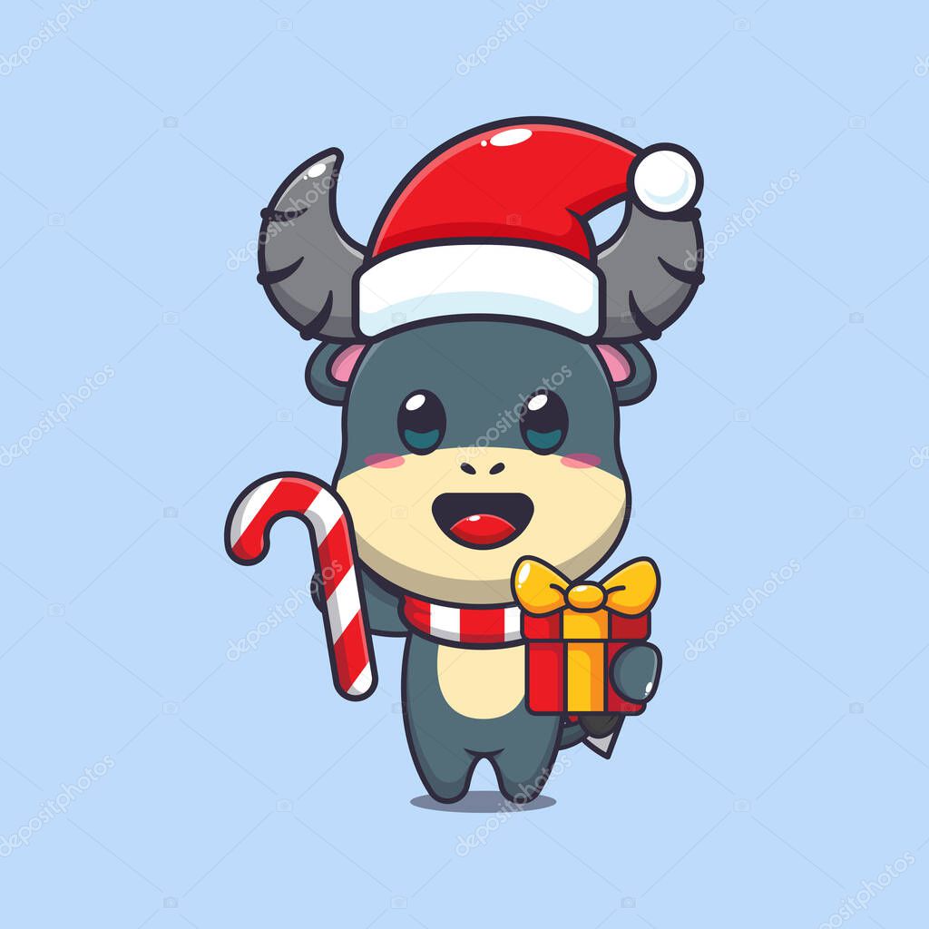 Cute buffalo holding christmas candy and gift. Cute christmas cartoon character illustration.