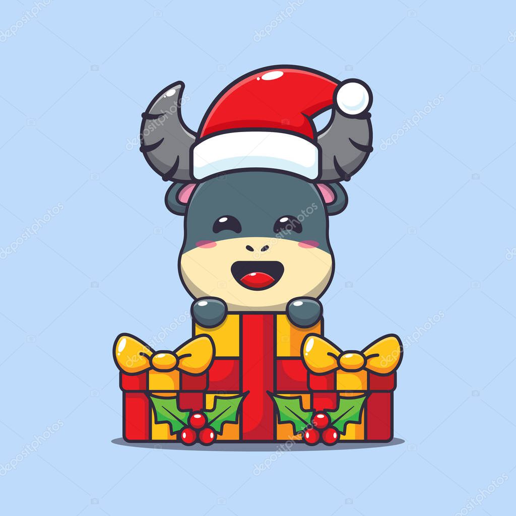 Cute buffalo happy with christmas gift. Cute christmas cartoon character illustration.