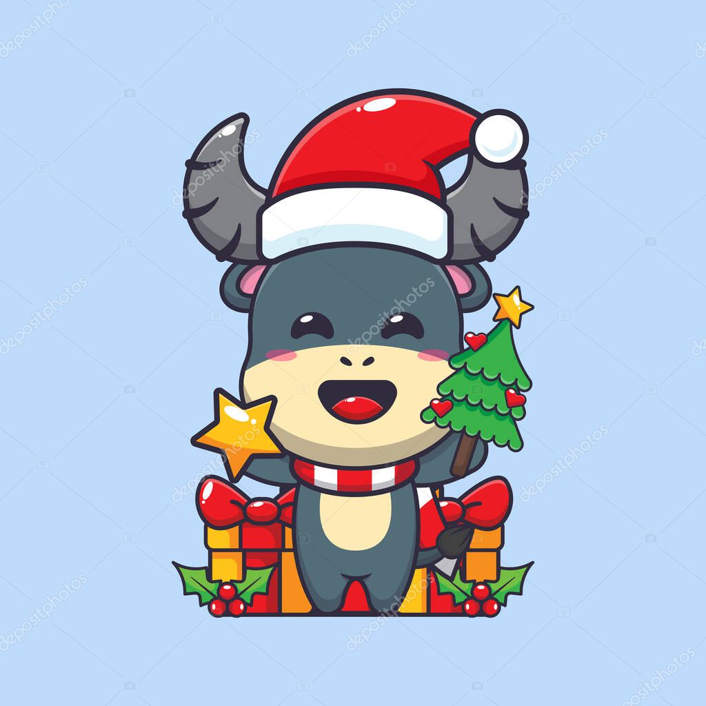 Cute buffalo holding star and christmas tree. Cute christmas cartoon character illustration.