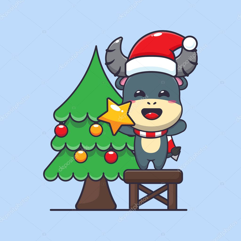 Cute buffalo taking star from christmas tree. Cute christmas cartoon character illustration.